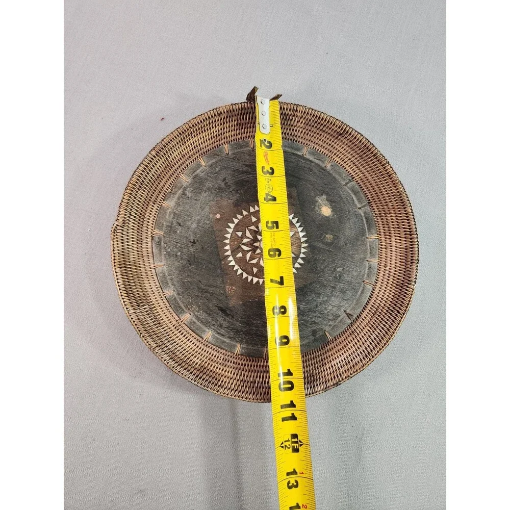 Vintage Round Woven Rattan Wood Tray Geometric Inlay Decorative Wall Basket 11